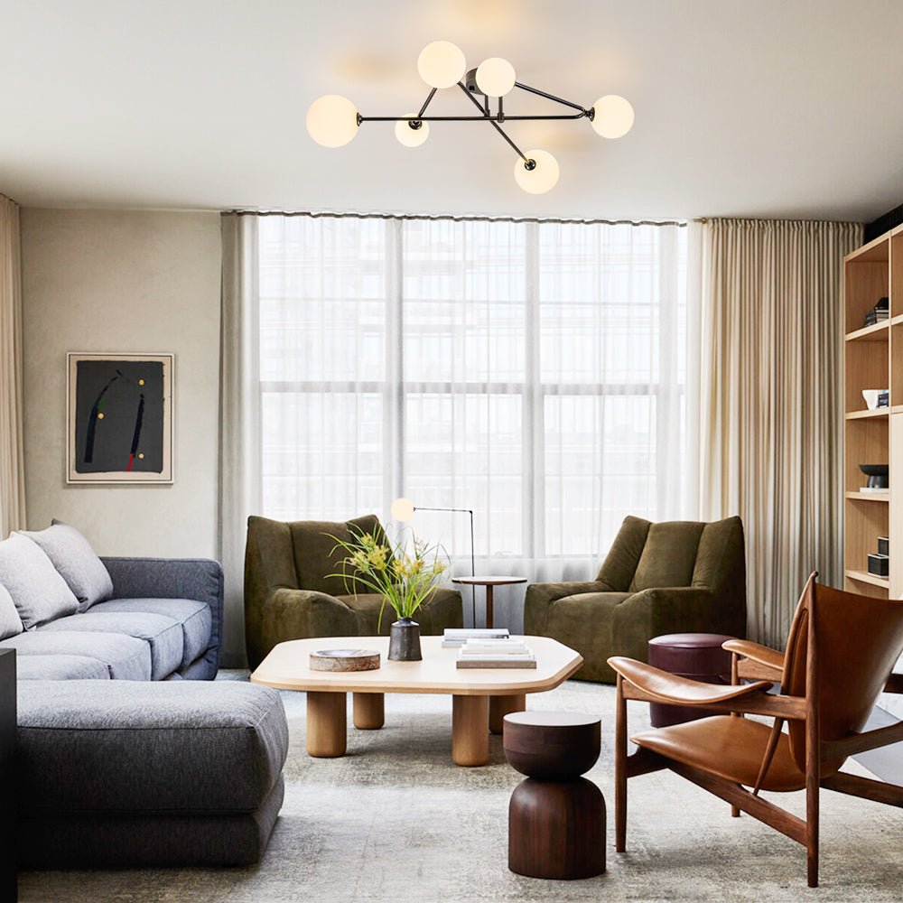 Pendantlightie - Mid - Century Sputnik 6 - Light Glass Globe Linear Semi Flush Mount - Semi Flush Mount - Black -