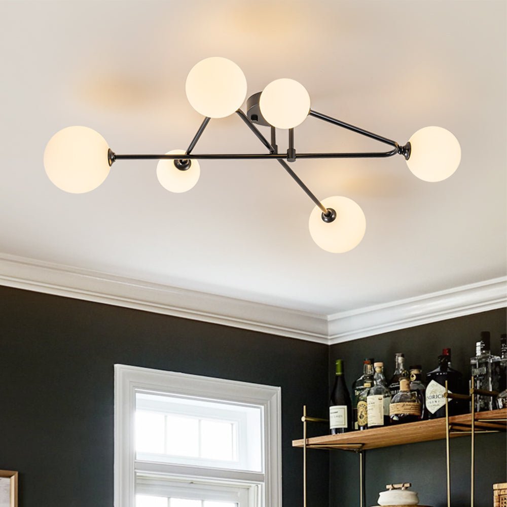 Pendantlightie - Mid - Century Sputnik 6 - Light Glass Globe Linear Semi Flush Mount - Semi Flush Mount - Black -