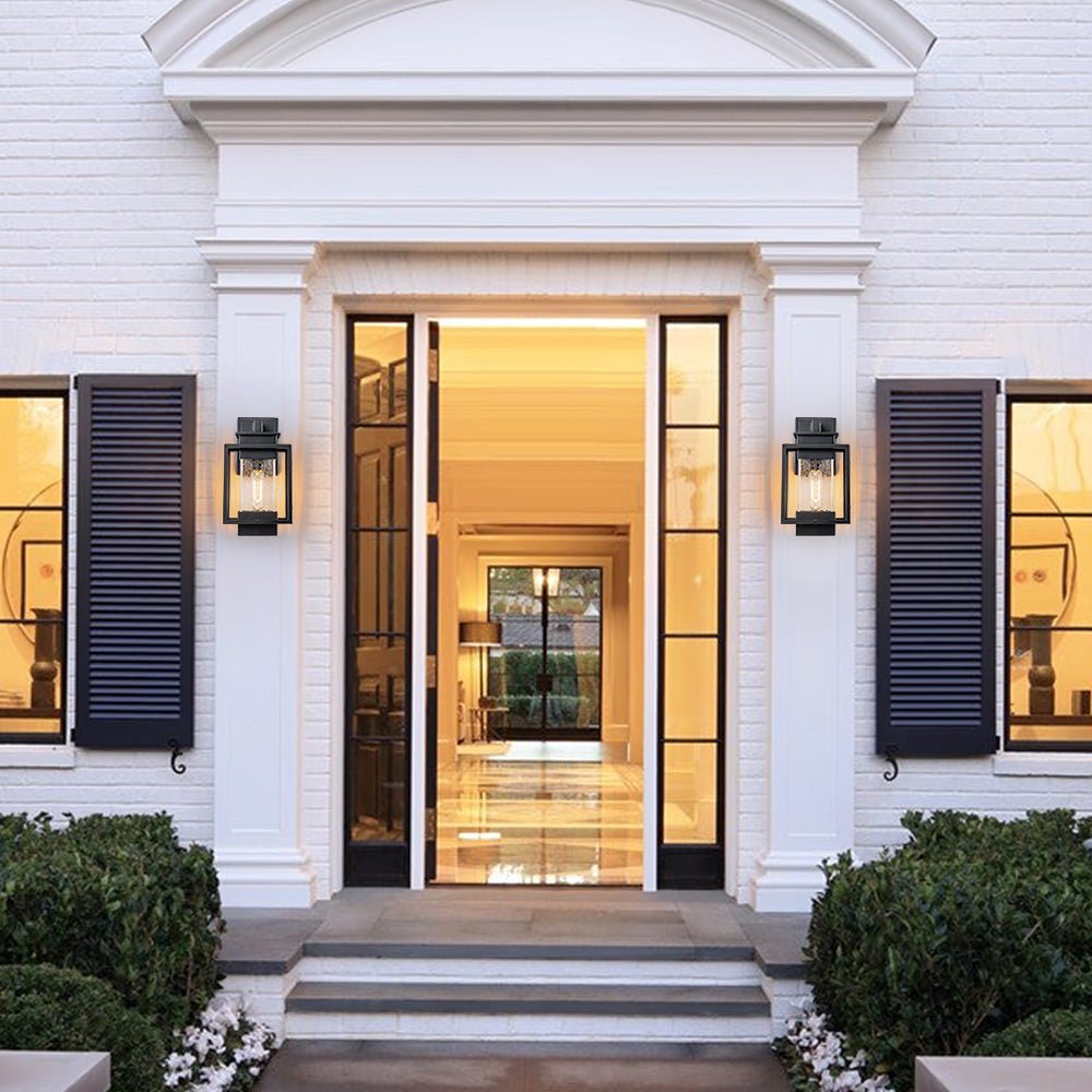 Pendantlightie - Modern 1 - Light Crackled Glass Outdoor Wall Lantern Sconce - Outdoor Wall Light - Black -