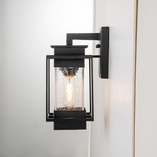 Pendantlightie - Modern 1 - Light Crackled Glass Outdoor Wall Lantern Sconce - Outdoor Wall Light - Black -