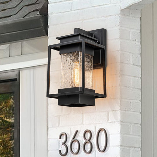 Pendantlightie - Modern 1 - Light Crackled Glass Outdoor Wall Lantern Sconce - Outdoor Wall Light - Black -