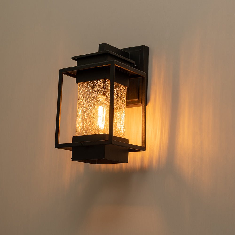 Pendantlightie - Modern 1 - Light Crackled Glass Outdoor Wall Lantern Sconce - Outdoor Wall Light - Black -