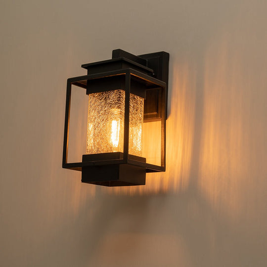 Pendantlightie - Modern 1 - Light Crackled Glass Outdoor Wall Lantern Sconce - Outdoor Wall Light - Black -