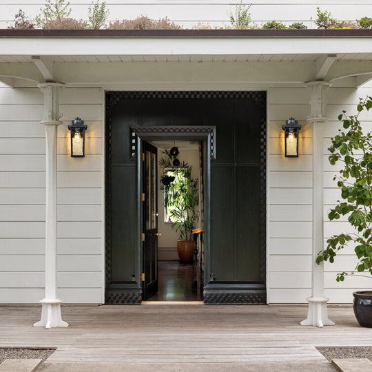 Pendantlightie - Modern 1 - Light Minster Glass Outdoor Waterproof Wall Lantern Sconce - Outdoor Wall Light - Black -