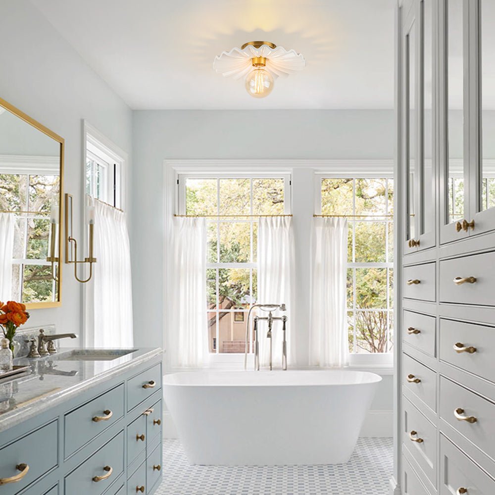 Pendantlightie-Modern 1-Light Pleated Ceramic Shaded Semi Flush Mount-Semi Flush Mount-Brass-