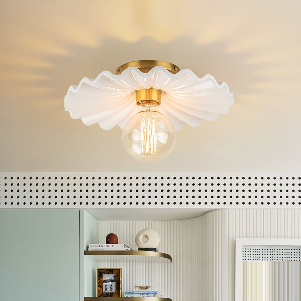 Pendantlightie-Modern 1-Light Pleated Ceramic Shaded Semi Flush Mount-Semi Flush Mount-Brass-