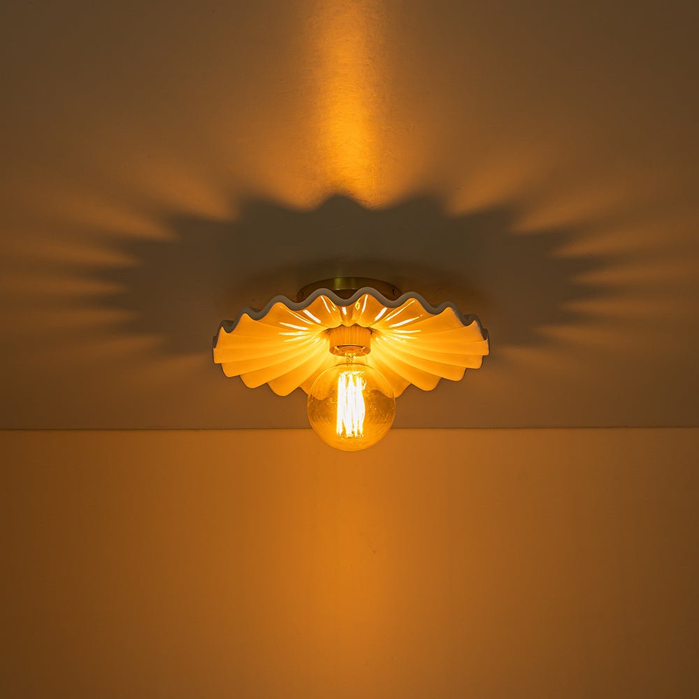 Pendantlightie-Modern 1-Light Pleated Ceramic Shaded Semi Flush Mount-Semi Flush Mount-Brass-