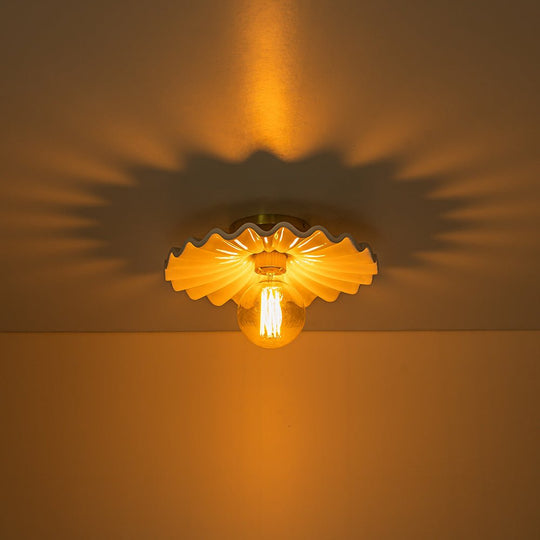 Pendantlightie-Modern 1-Light Pleated Ceramic Shaded Semi Flush Mount-Semi Flush Mount-Brass-