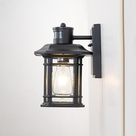Pendantlightie - Modern 1 - Light Seeded Glass Outdoor Waterproof Wall Lantern Sconce - Outdoor Wall Light - Black -