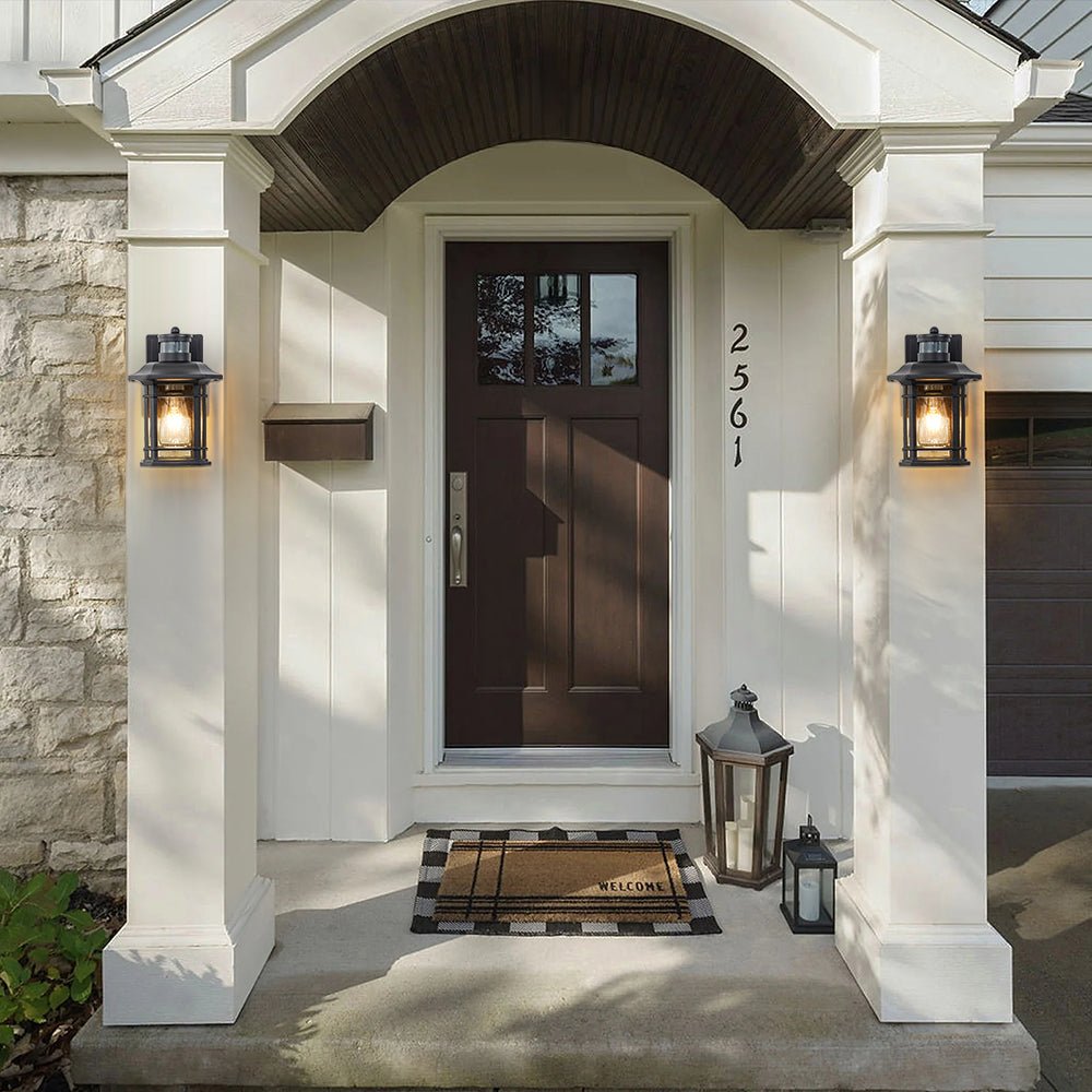 Pendantlightie - Modern 1 - Light Seeded Glass Outdoor Waterproof Wall Lantern Sconce - Outdoor Wall Light - Black -