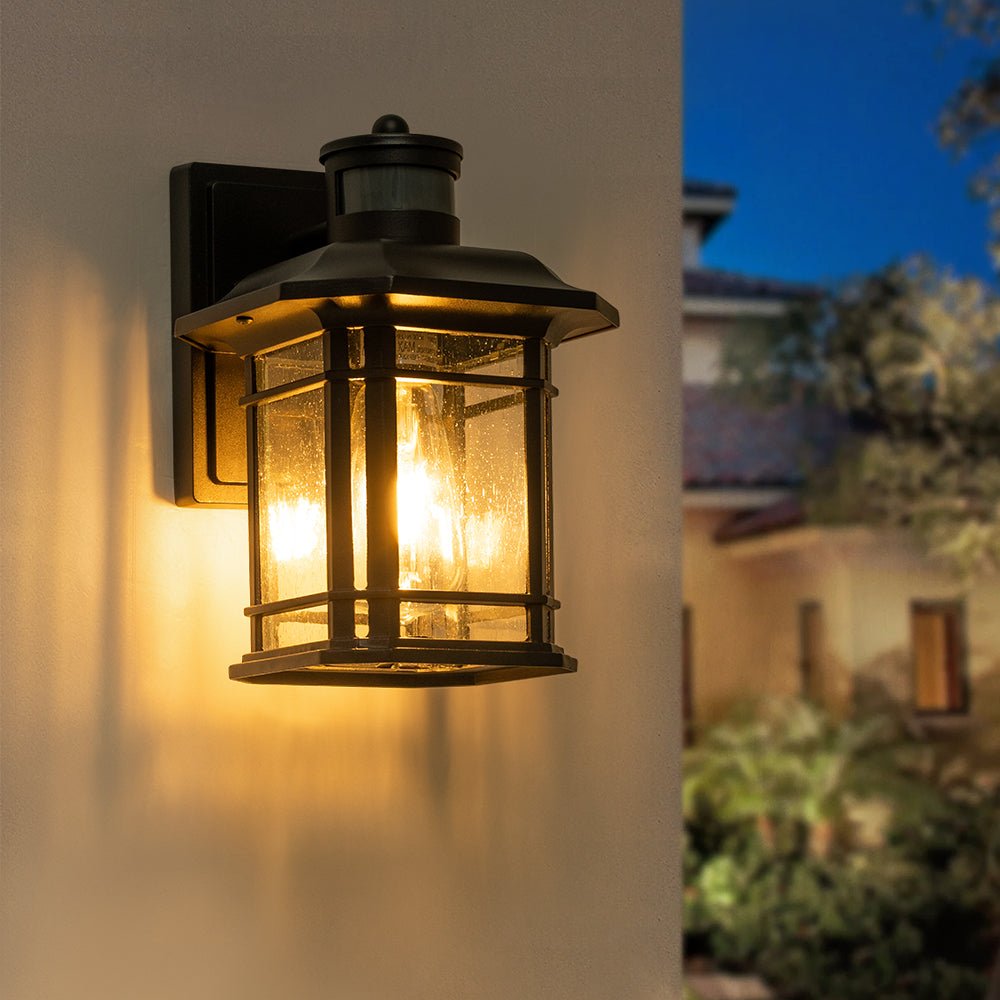 Pendantlightie - Modern 1 - Light Seeded Glass Outdoor Waterproof Wall Lantern Sconce - Outdoor Wall Light - Black -