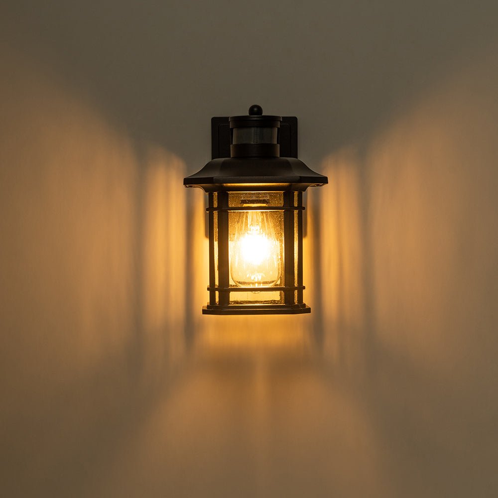 Pendantlightie - Modern 1 - Light Seeded Glass Outdoor Waterproof Wall Lantern Sconce - Outdoor Wall Light - Black -