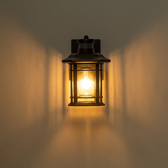 Pendantlightie - Modern 1 - Light Seeded Glass Outdoor Waterproof Wall Lantern Sconce - Outdoor Wall Light - Black -