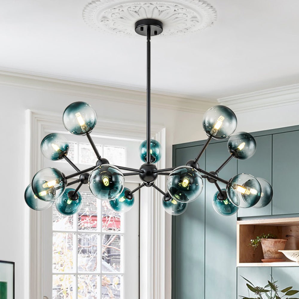 Pendantlightie - Modern 15 - Light Gradient Blue Sputnik Linear Glass Globe Chandelier - Chandeliers - Black -