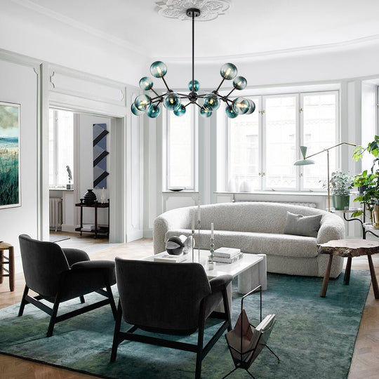 Pendantlightie - Modern 15 - Light Gradient Blue Sputnik Linear Glass Globe Chandelier - Chandeliers - Brass -