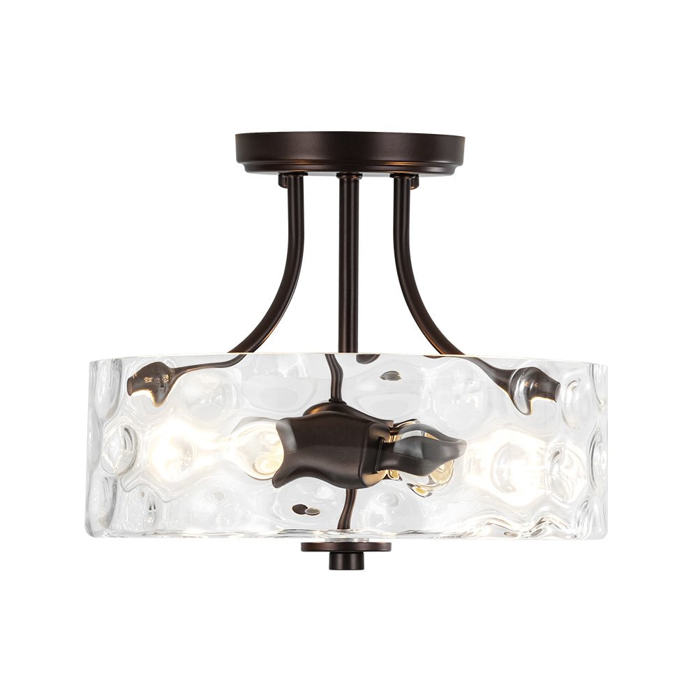 Pendantlightie - Modern 2 - Light Hammer Glass Drum Semi Flush Ceiling Light - Semi Flush Mount - Black -