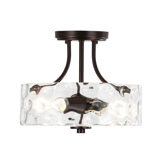 Pendantlightie - Modern 2 - Light Hammer Glass Drum Semi Flush Ceiling Light - Semi Flush Mount - Black -
