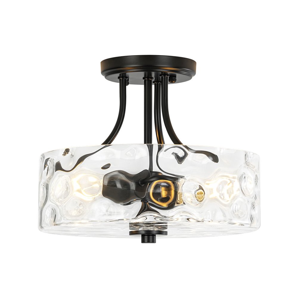 Pendantlightie - Modern 2 - Light Hammer Glass Drum Semi Flush Ceiling Light - Semi Flush Mount - Black -