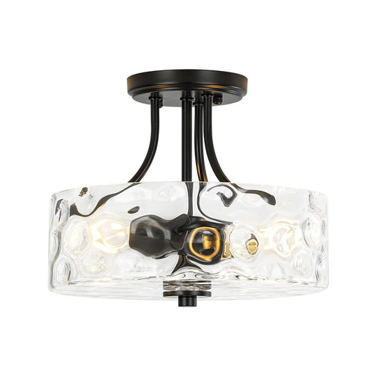 Pendantlightie - Modern 2 - Light Hammer Glass Drum Semi Flush Ceiling Light - Semi Flush Mount - Black -