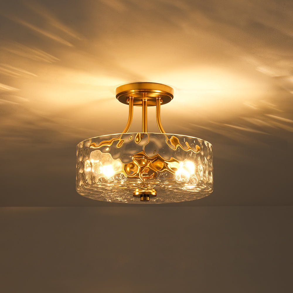 Pendantlightie - Modern 2 - Light Hammer Glass Drum Semi Flush Ceiling Light - Semi Flush Mount - Brass -