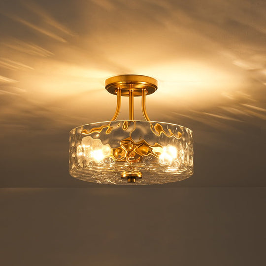 Pendantlightie - Modern 2 - Light Hammer Glass Drum Semi Flush Ceiling Light - Semi Flush Mount - Brass -