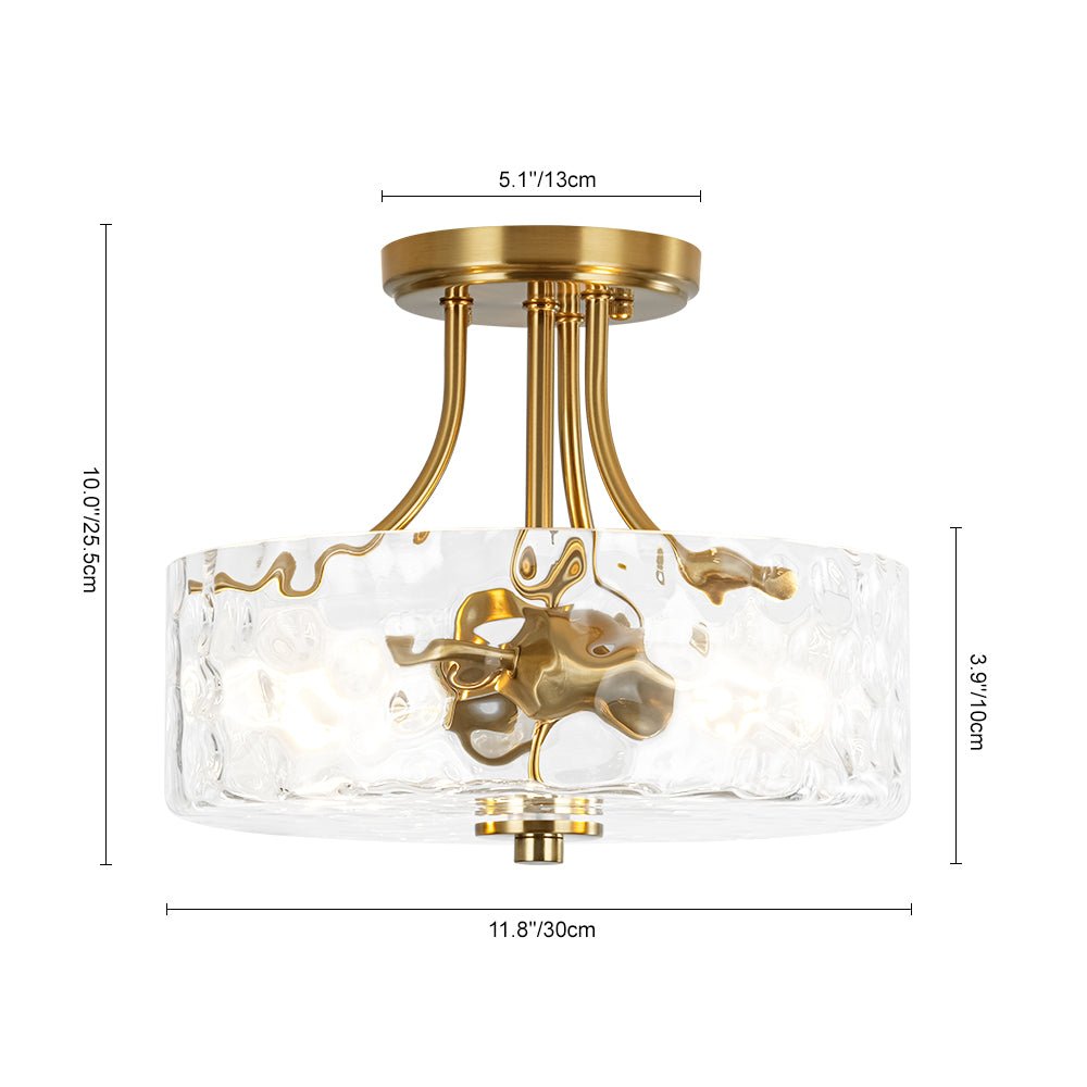 Pendantlightie - Modern 2 - Light Hammer Glass Drum Semi Flush Ceiling Light - Semi Flush Mount - Brass -