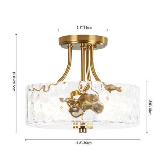 Pendantlightie - Modern 2 - Light Hammer Glass Drum Semi Flush Ceiling Light - Semi Flush Mount - Brass -