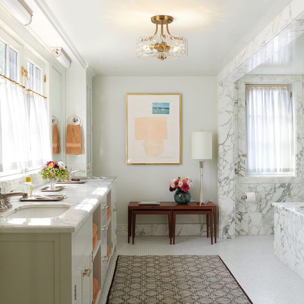 Pendantlightie - Modern 2 - Light Hammer Glass Drum Semi Flush Ceiling Light - Semi Flush Mount - Brass -