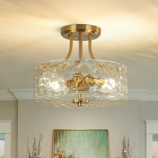 Pendantlightie - Modern 2 - Light Hammer Glass Drum Semi Flush Ceiling Light - Semi Flush Mount - Brass -