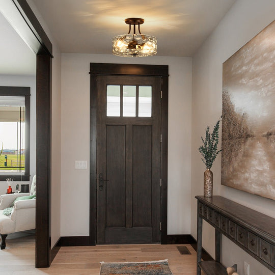 Pendantlightie - Modern 2 - Light Hammer Glass Drum Semi Flush Ceiling Light - Semi Flush Mount - Oil Rubbed Bronze -