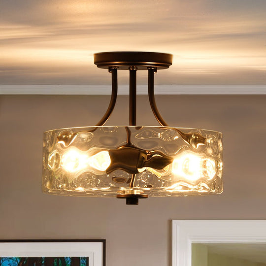 Pendantlightie - Modern 2 - Light Hammer Glass Drum Semi Flush Ceiling Light - Semi Flush Mount - Oil Rubbed Bronze -