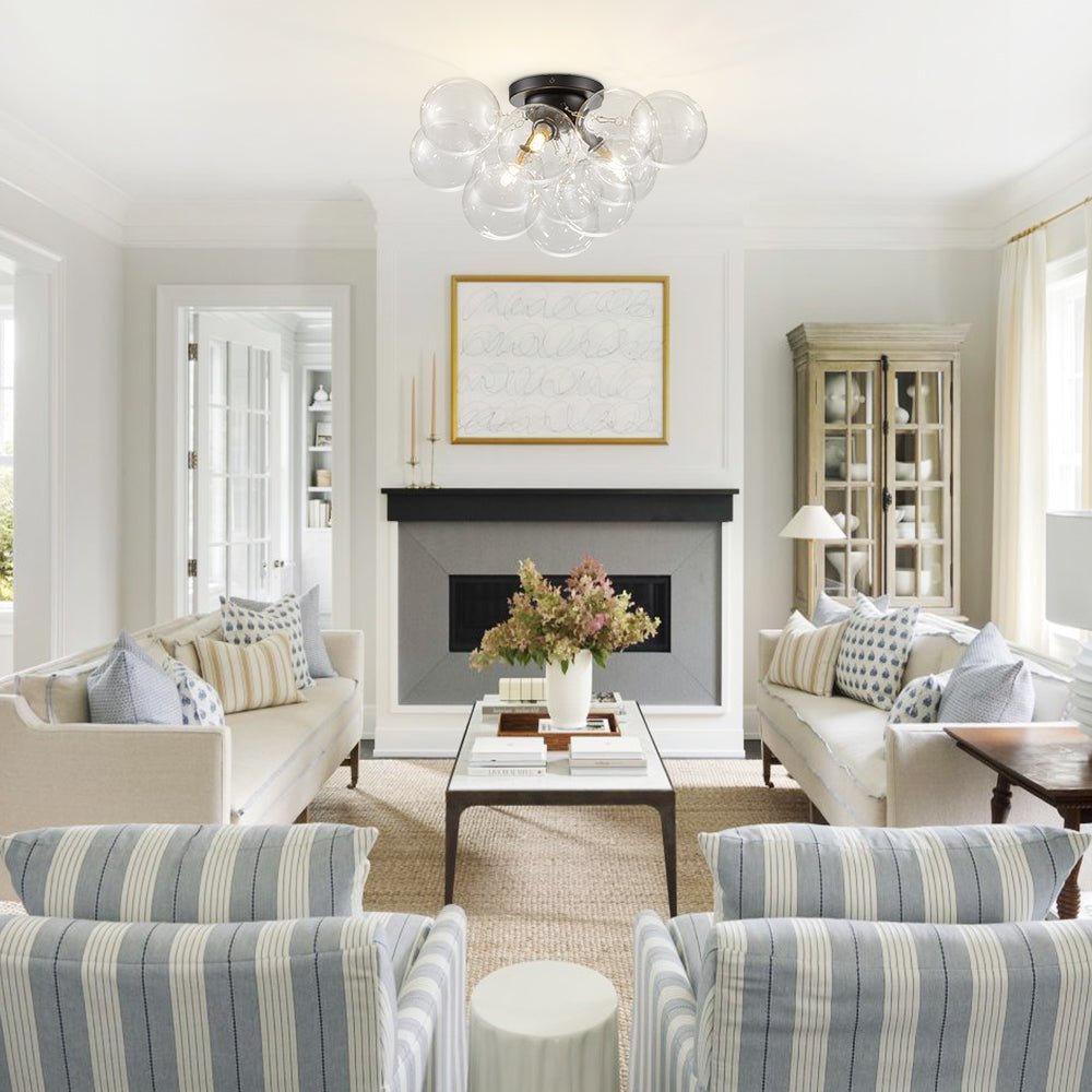 Pendantlightie - Modern 3 - Light Cluster Clear Glass Bubble Semi Flush Mount - Semi Flush Mount - Black -