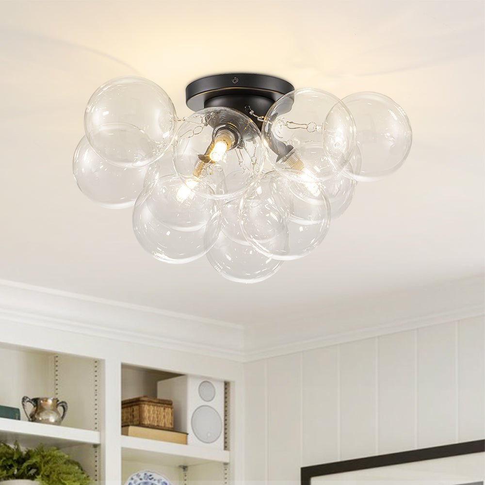 Pendantlightie - Modern 3 - Light Cluster Clear Glass Bubble Semi Flush Mount - Semi Flush Mount - Black -