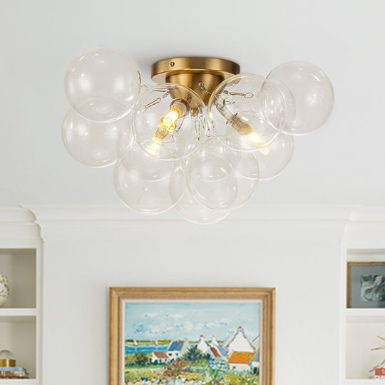 Pendantlightie - Modern 3 - Light Cluster Clear Glass Bubble Semi Flush Mount - Semi Flush Mount - Brass -