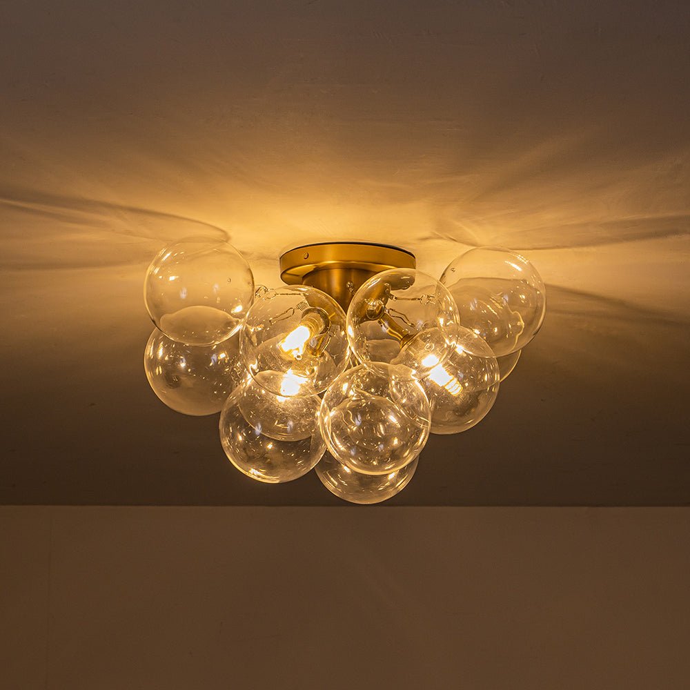 Pendantlightie - Modern 3 - Light Cluster Clear Glass Bubble Semi Flush Mount - Semi Flush Mount - Brass -