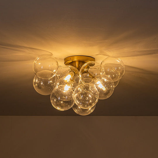 Pendantlightie - Modern 3 - Light Cluster Clear Glass Bubble Semi Flush Mount - Semi Flush Mount - Brass -