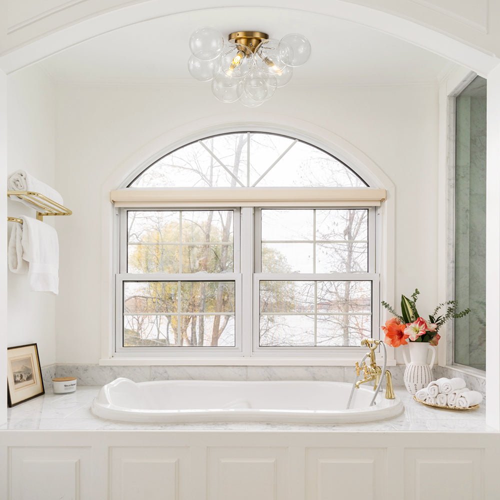 Pendantlightie - Modern 3 - Light Cluster Clear Glass Bubble Semi Flush Mount - Semi Flush Mount - Brass -