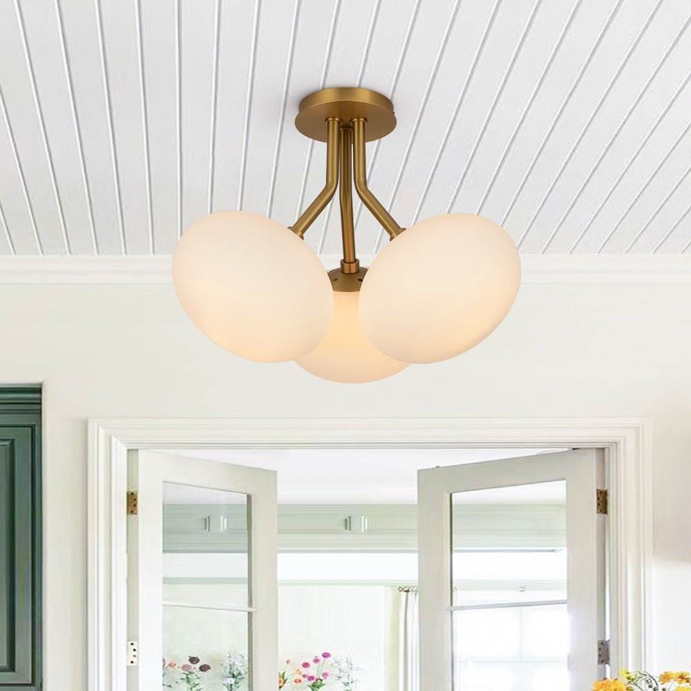 Pendantlightie - Modern 3 - Light Elliptical Opal Shades Sputnik Glass Semi Ceiling Light - Semi Flush Mount - Brass -