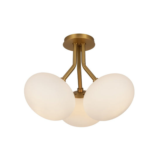 Pendantlightie - Modern 3 - Light Elliptical Opal Shades Sputnik Glass Semi Ceiling Light - Semi Flush Mount - Nickel -