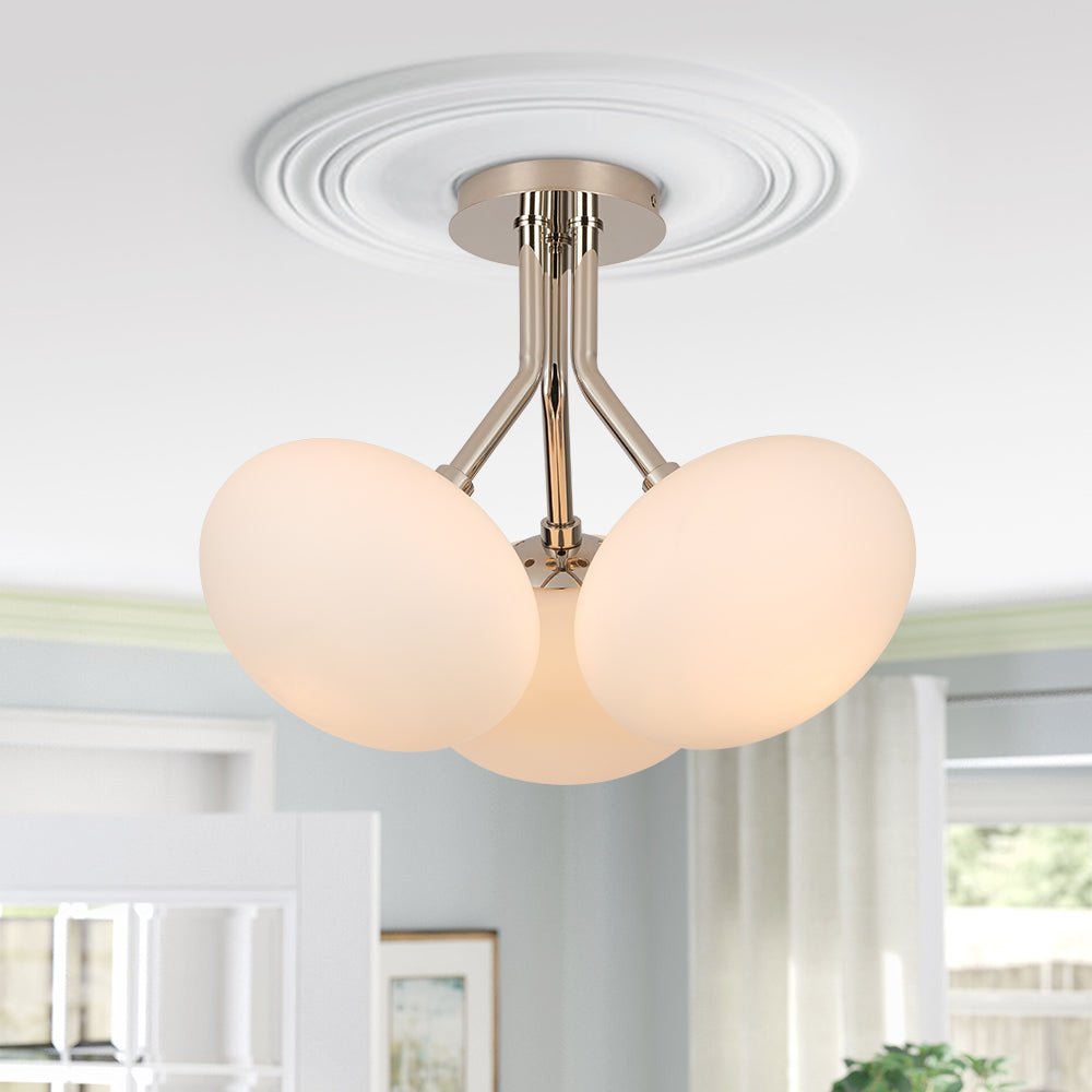 Pendantlightie - Modern 3 - Light Elliptical Opal Shades Sputnik Glass Semi Ceiling Light - Semi Flush Mount - Nickel -