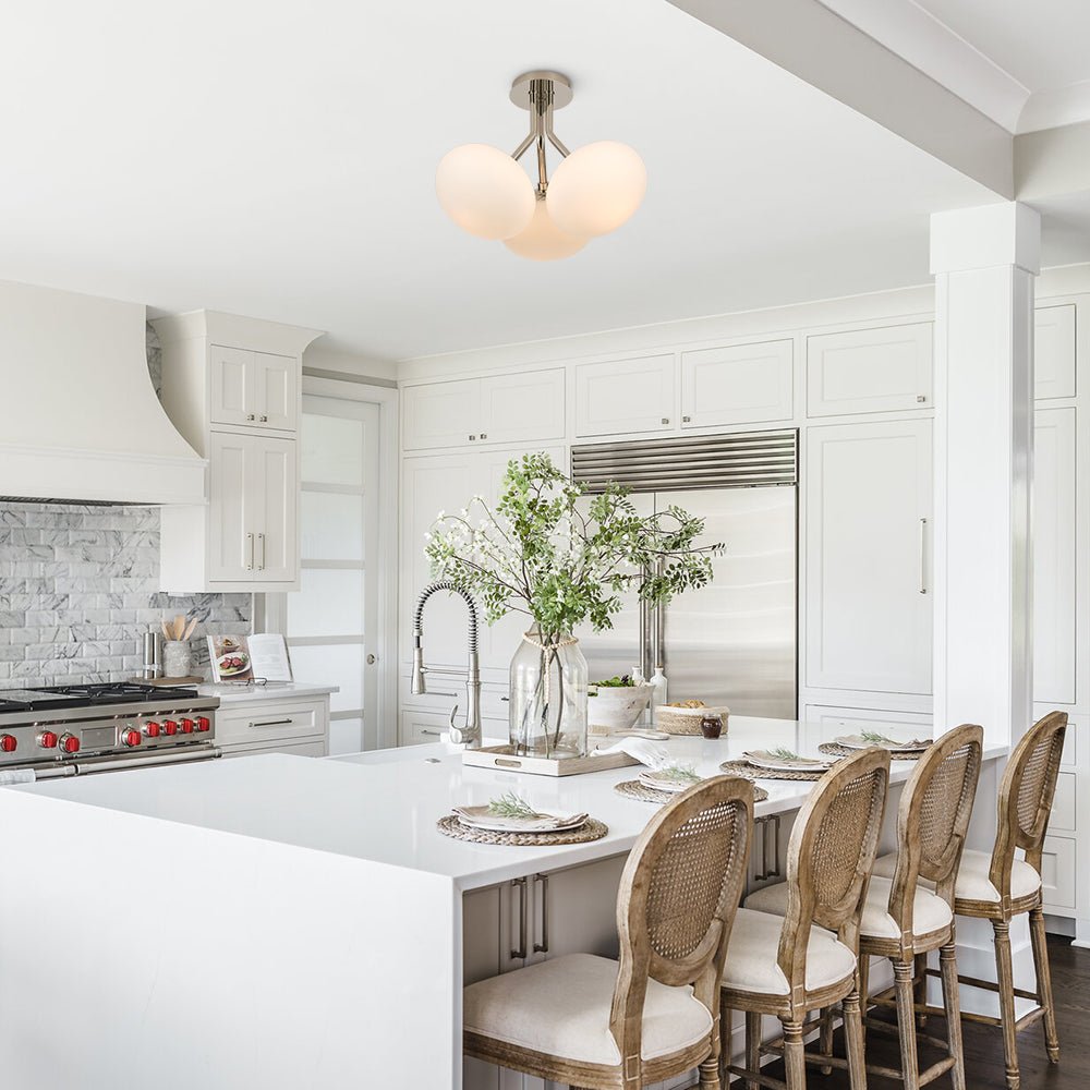 Pendantlightie - Modern 3 - Light Elliptical Opal Shades Sputnik Glass Semi Ceiling Light - Semi Flush Mount - Nickel -