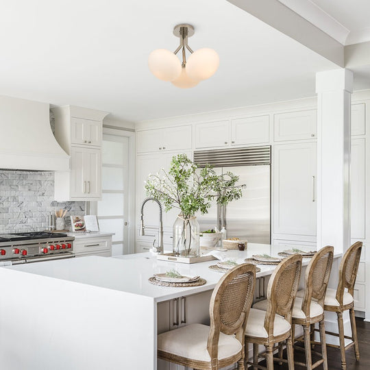 Pendantlightie - Modern 3 - Light Elliptical Opal Shades Sputnik Glass Semi Ceiling Light - Semi Flush Mount - Nickel -