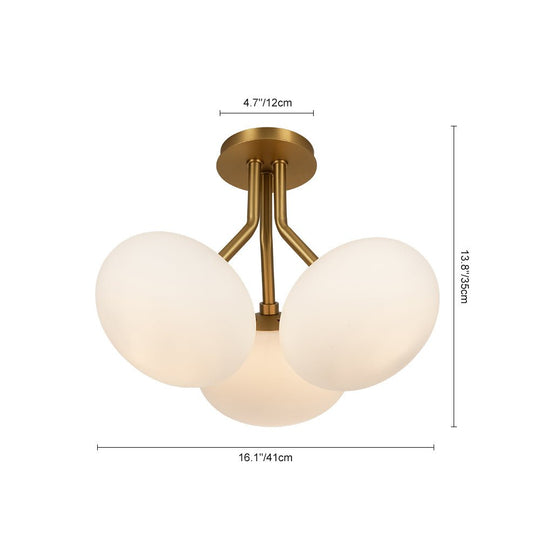 Pendantlightie - Modern 3 - Light Elliptical Opal Shades Sputnik Glass Semi Ceiling Light - Semi Flush Mount - Nickel -