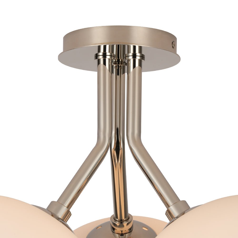 Pendantlightie - Modern 3 - Light Elliptical Opal Shades Sputnik Glass Semi Ceiling Light - Semi Flush Mount - Nickel -