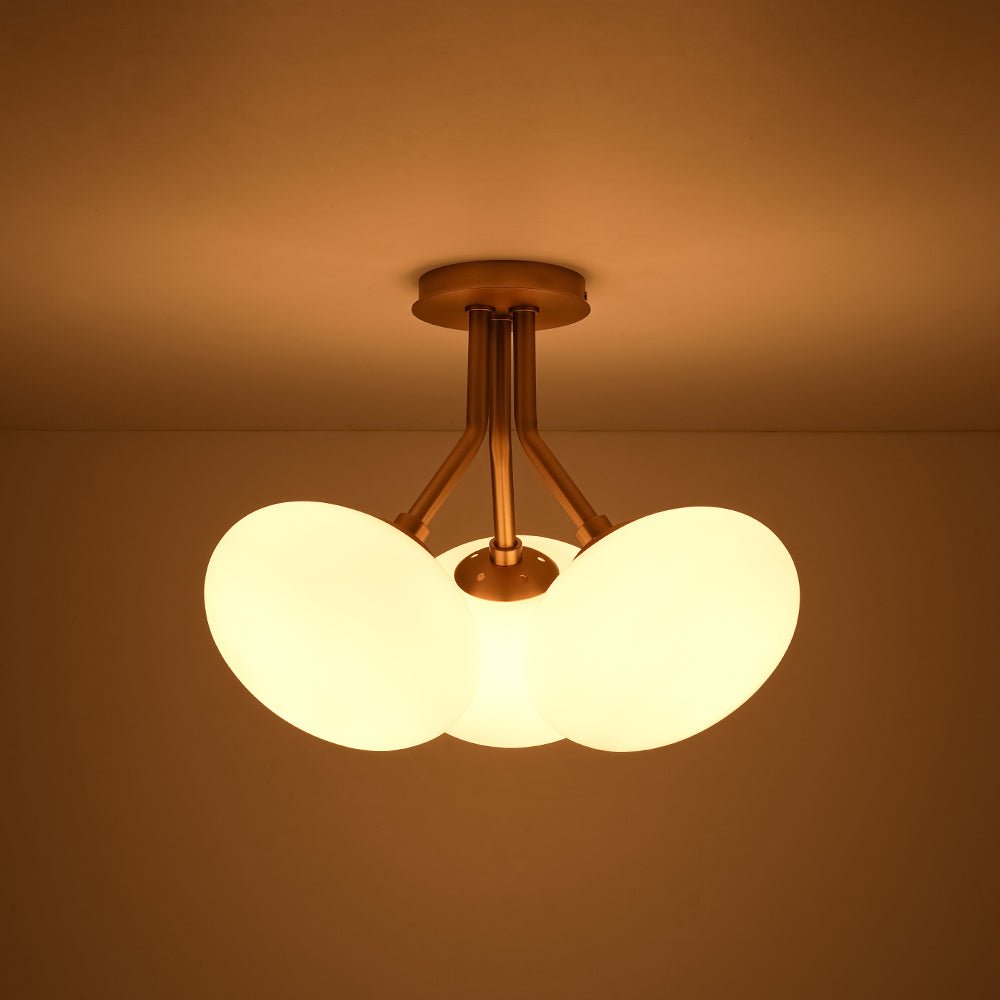 Pendantlightie - Modern 3 - Light Elliptical Opal Shades Sputnik Glass Semi Ceiling Light - Semi Flush Mount - Nickel -