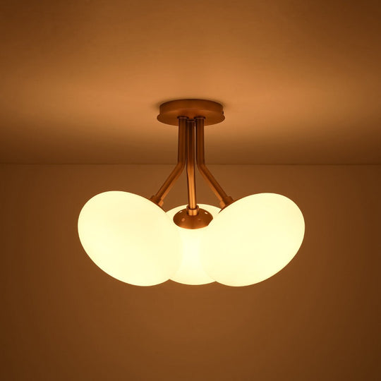 Pendantlightie - Modern 3 - Light Elliptical Opal Shades Sputnik Glass Semi Ceiling Light - Semi Flush Mount - Nickel -