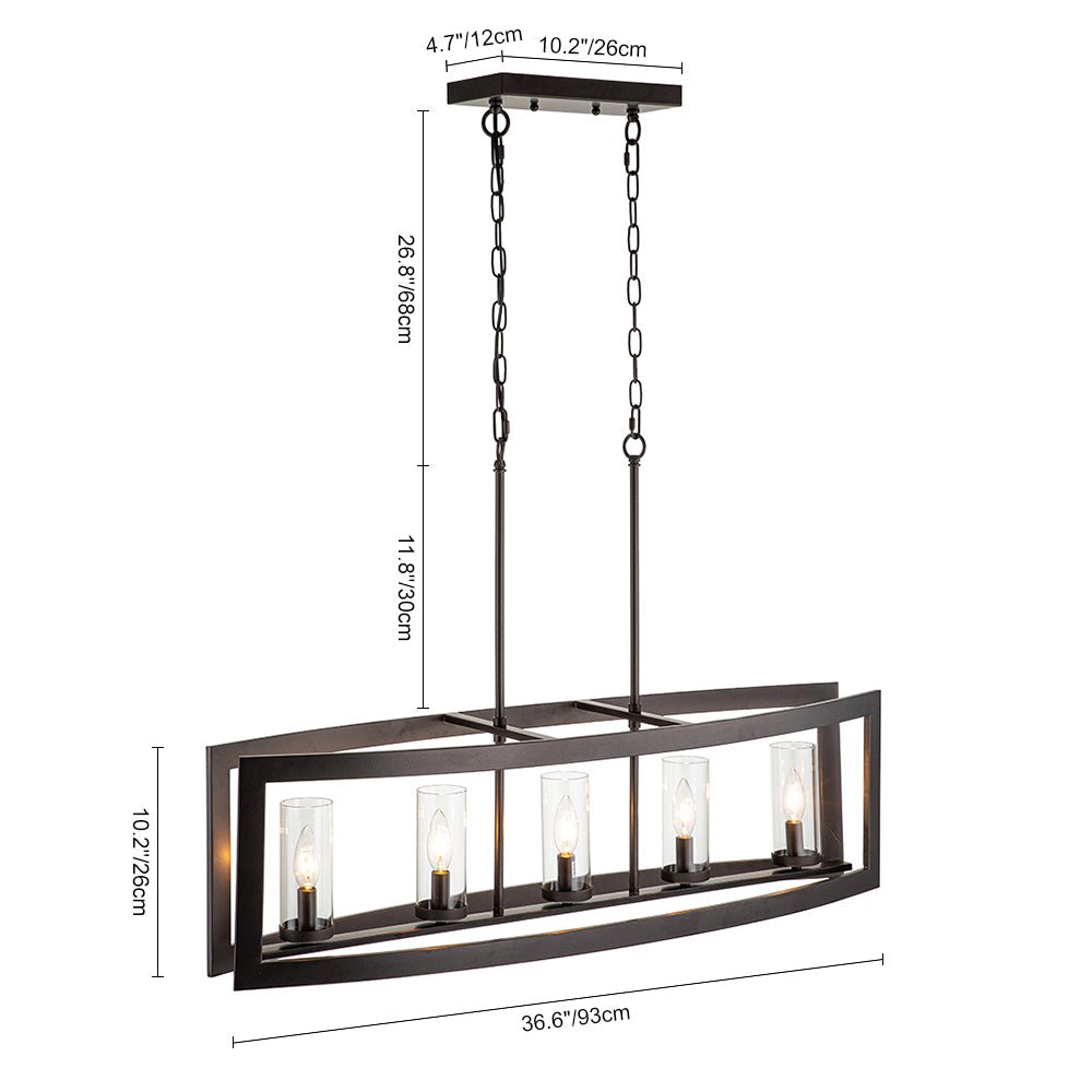 Pendantlightie-Modern 5-Light Rectangle Kitchen Island Chandelier With Glass Shades-Chandeliers-Faux Wood Grain-