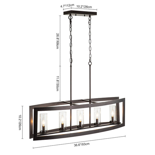 Pendantlightie-Modern 5-Light Rectangle Kitchen Island Chandelier With Glass Shades-Chandeliers-Faux Wood Grain-