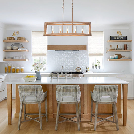 Pendantlightie-Modern 5-Light Rectangle Kitchen Island Chandelier With Glass Shades-Chandeliers-Faux Wood Grain-