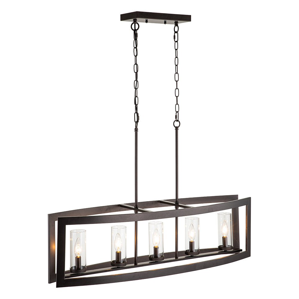 Pendantlightie-Modern 5-Light Rectangle Kitchen Island Chandelier With Glass Shades-Chandeliers-Faux Wood Grain-